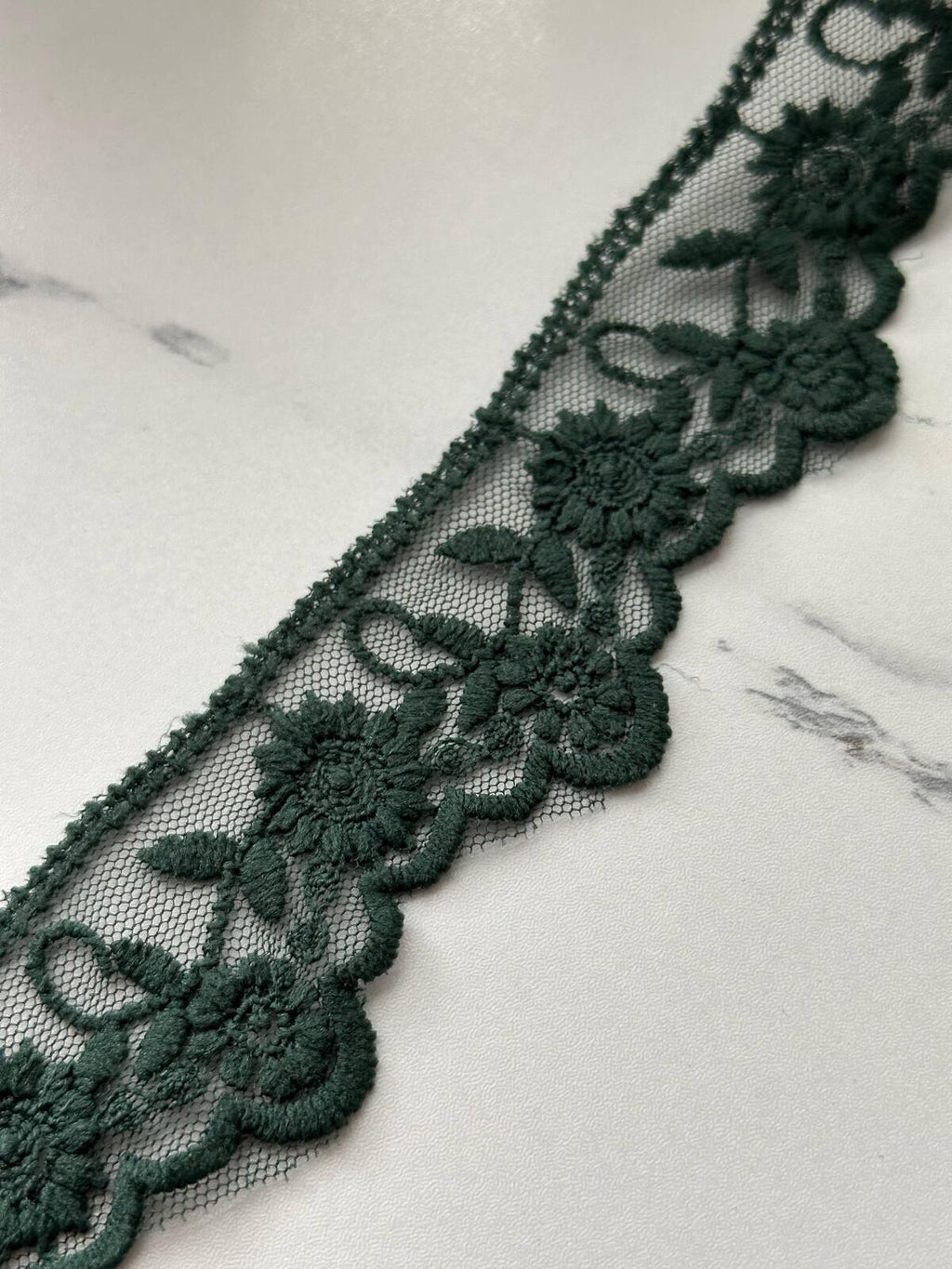 6Yds Non-Stretch 1.5" Dark Forest Green Cotton Embroidered Mesh Lace Trim
