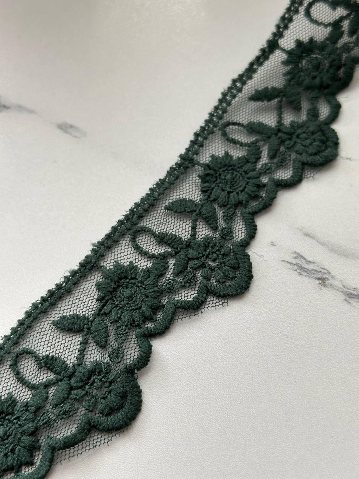 6Yds Non-Stretch 1.5" Dark Forest Green Cotton Embroidered Mesh Lace Trim