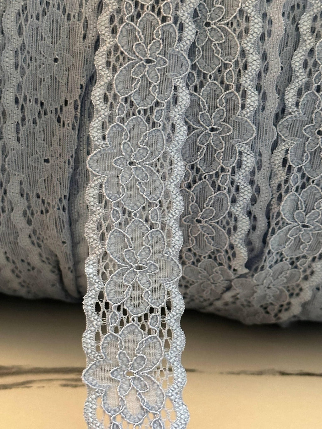10yds  Soft Dusty Slate Blue Floral Stretch Lace Trim by the Yard, Narrow Scalloped Elastic Ribbon for Coquette Crafts, 1" Retail Wholesale