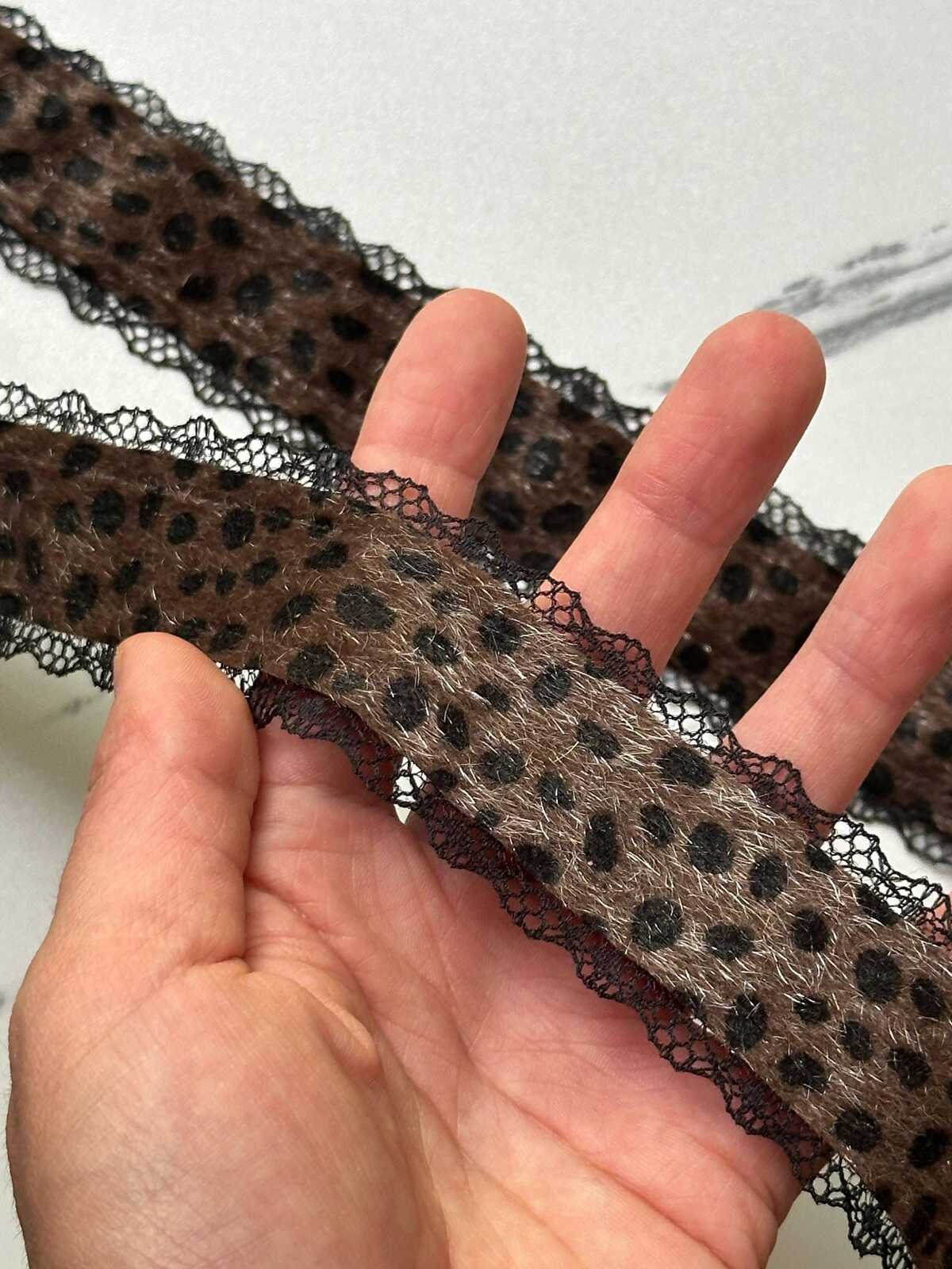 Leopard Print Mohair Faux Fur Black Lace Trim Symmetrical Scalloped Eyelash Ribbon for Y2K Grunge Lingerie Crafts Sewing, 1.25"