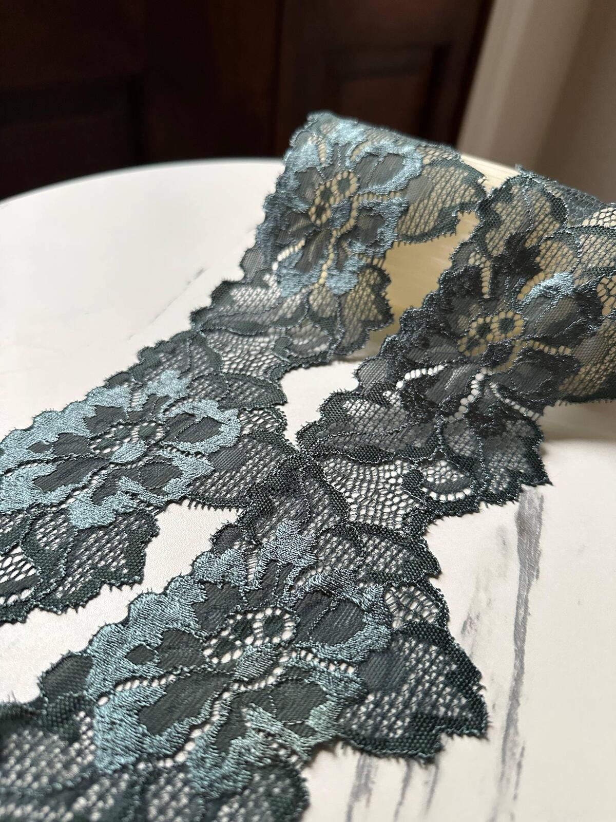 10yds Deep Forest Green Floral Stretch Elastic Lace Trim Symmetrical Double Scalloped Wide Galloon Ribbon for Lingerie  Crafts Sewing, 3"