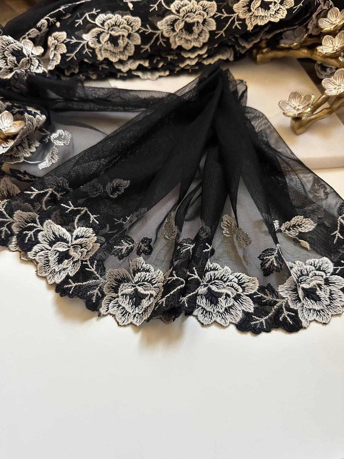 Black Ivory Embroidered Mesh Lace Trim, Extra Wide Tulle Border Ribbon, Coquette Craft Supply, 9", Retail Wholesale Bulk