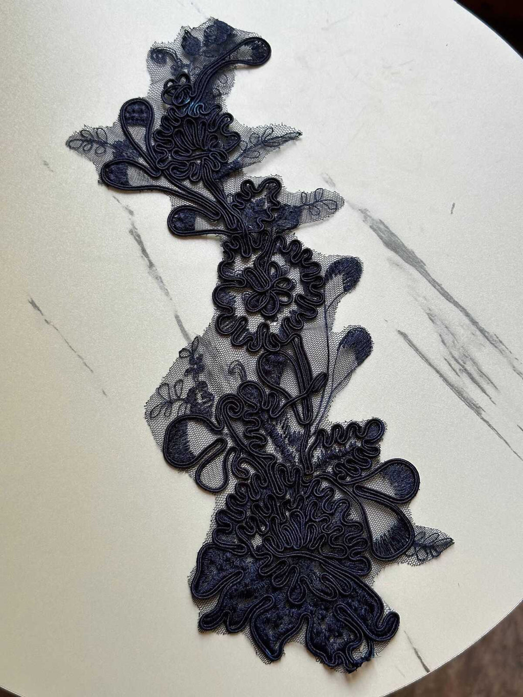Midnight Navy Corded Floral Lace Applique Motif, 3D Heavy Embroidered Mesh Patch for Bridal Gown Dress Sewing, 12"