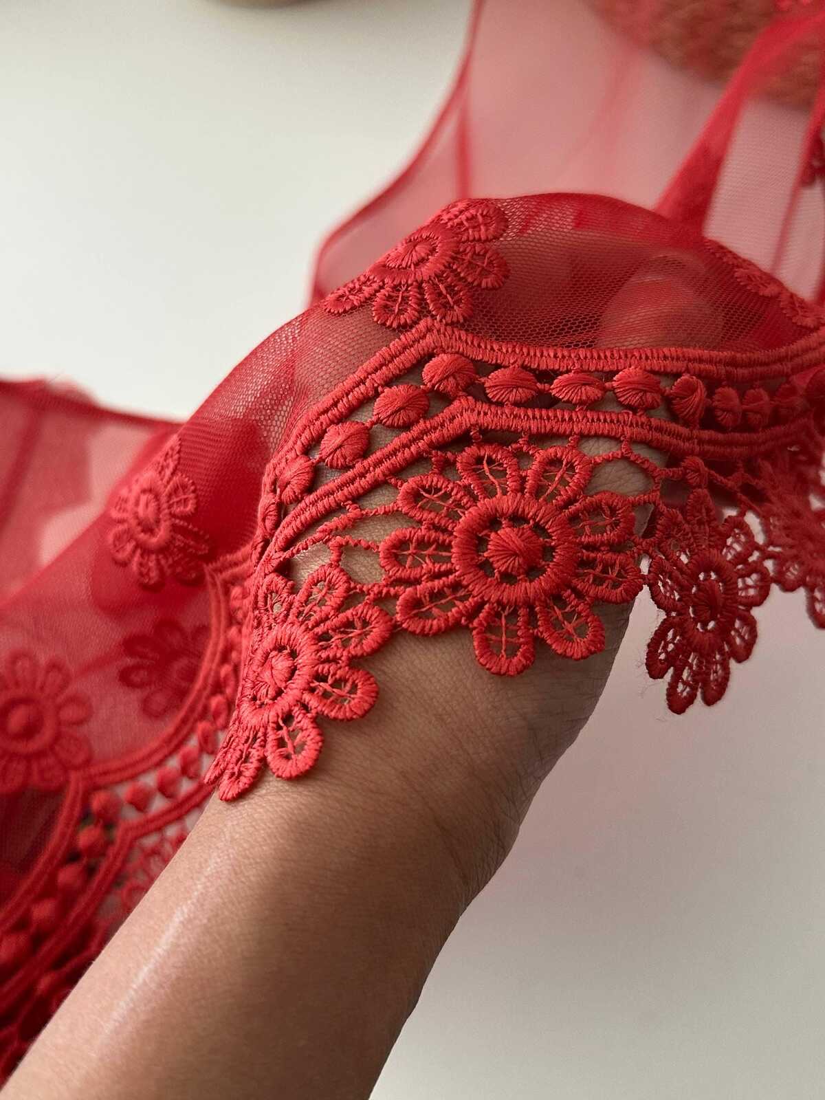 3Yds Non-Stretch 11" Red Daisy Floral Mesh Embroidered Lace Trim, Wholesale
