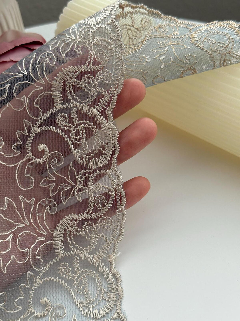 1Yd Non-Stretch 3.7" Dusty Blue Beige Embroidered Floral Mesh Lace Wholesale