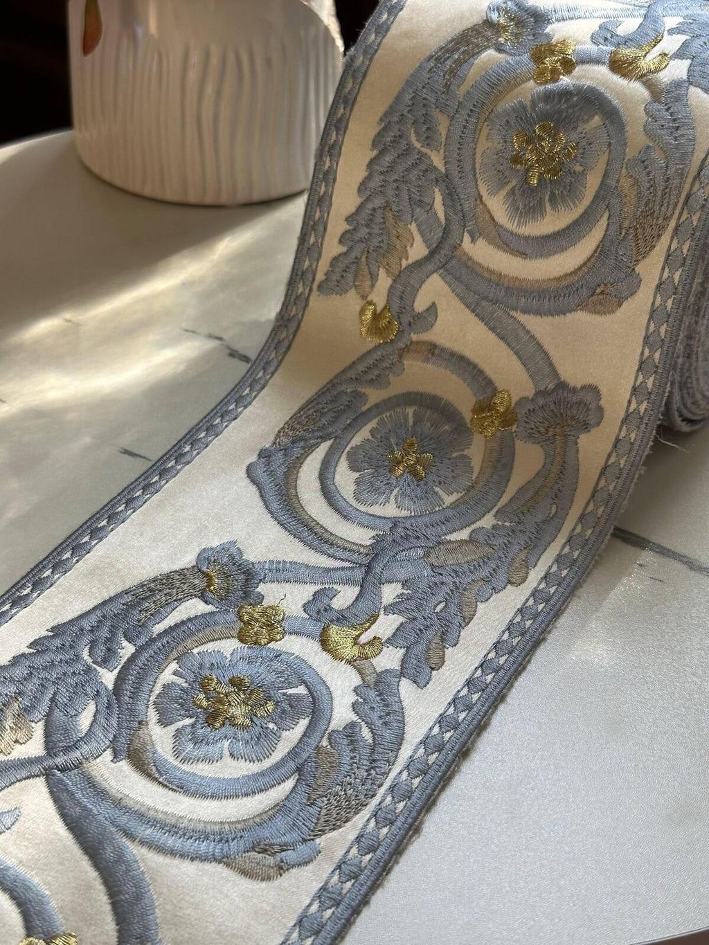 Light Blue Floral Jacquard Ribbon, 4.5" Heavy Trim, Bulk Clearance Coquette Y2K Lace, Dress Border, DIY Sewing, Retail Wholesale