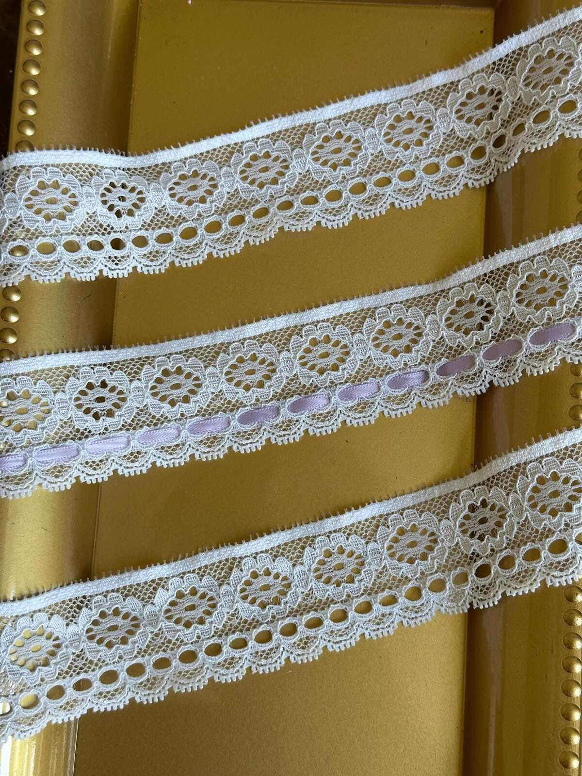 5yard 1.5" White Stretch Eyelash Lace Trim with Ribbon Slits by the Yard, Elastic Beading Lace Insert for Lolita, Lingerie, Garter, Doll