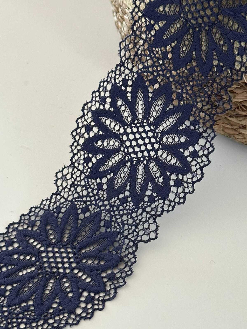 10yds Navy Blue Floral Stretch Lace Trim, 2.8" Elastic Ribbon, Bulk Clearance Coquette Y2K Lace, Lingerie Lace, DIY Sewing, Retail Wholesale