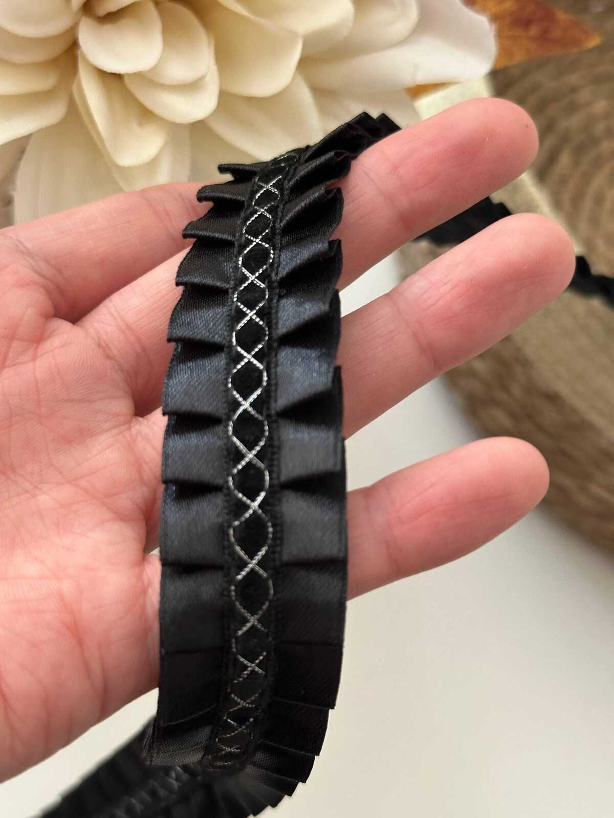 5Yds Black Box Pleated Satin Lace, 0.95" Silver Stitch Ribbon, Bulk Clearance Coquette Y2K Lace, Garment Trim, DIY Sewing, Retail Wholesale