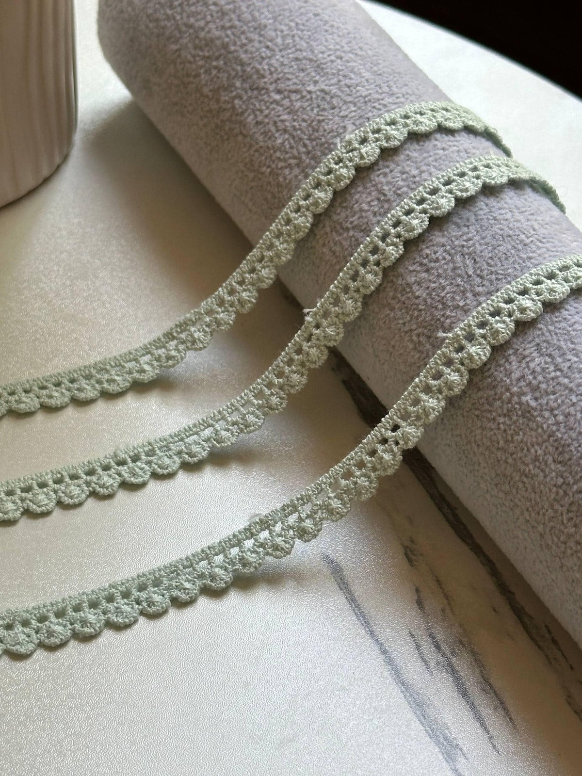 10yds Soft Sage Green Cotton Crochet Flower Lace Trim by the Yard, Narrow Floral Scalloped Ribbon for Crafts, 0.35", Retail Wholesale Bulk