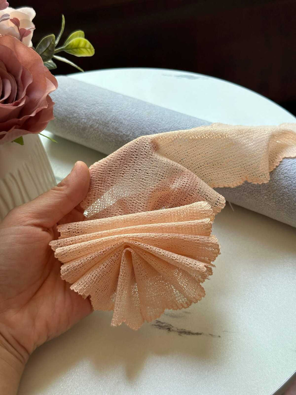 Nude Peach Stretch Mesh Lace Trim by the Yard, Wide Ribbon for Baby Headband Scrunchies Pleated Skirt, 3.5"