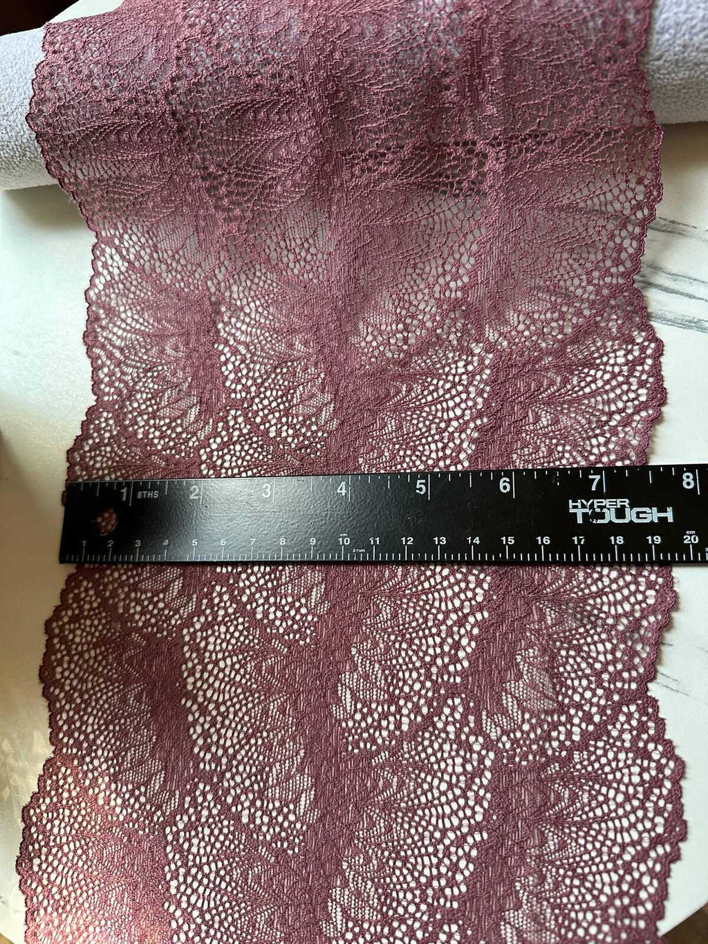 Soft Dusty Plum Rose Wide Stretch Lace Trim by the Yard, Floral Scalloped Elastic Ribbon, 7.5", Retail Wholesale Bulk