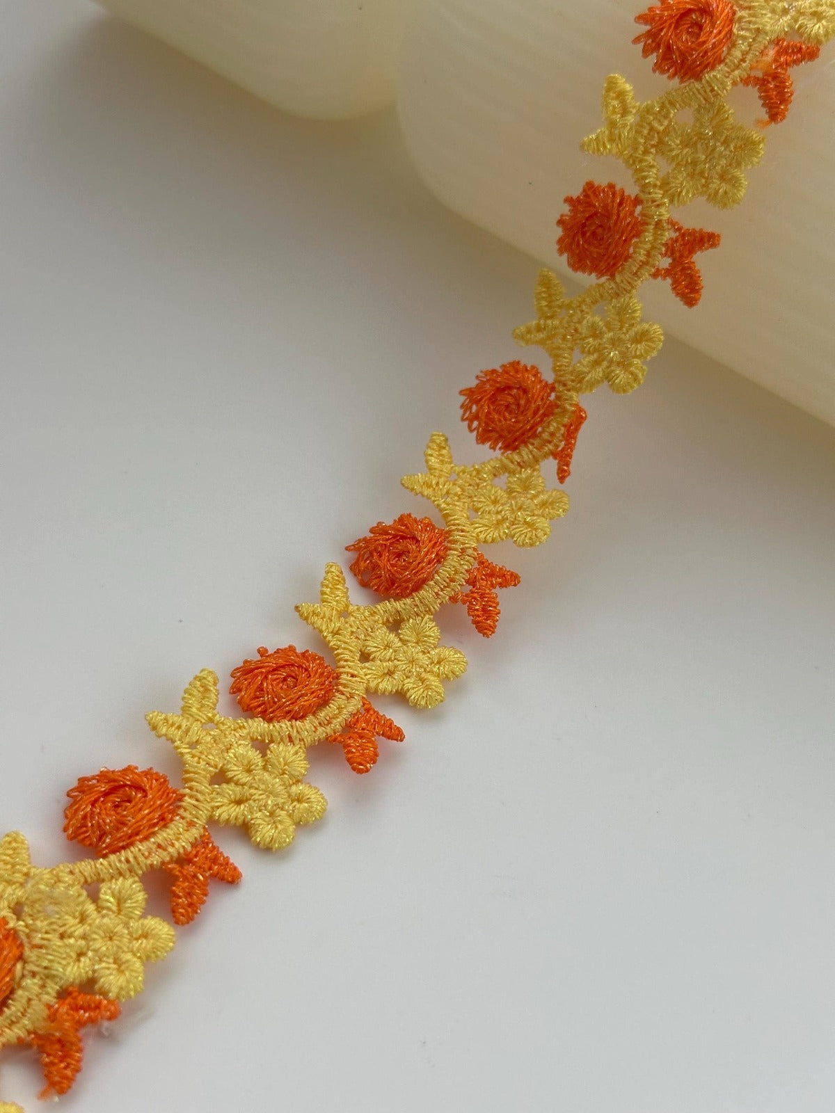 3Yds Non-Stretch 0.8" Yellow Orange 3D Rose Flower Embroidered Lace Wholesale