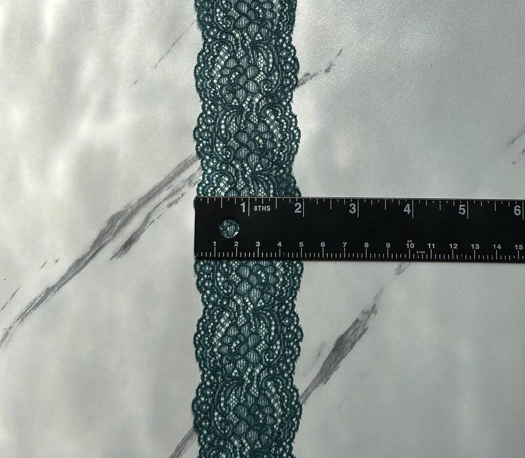 10yds Deep Forest Teal Green Floral Stretch Elastic Lace Trim Symmetrical Double Scalloped  Ribbon for Lingerie Crafts Sewing 1.85"