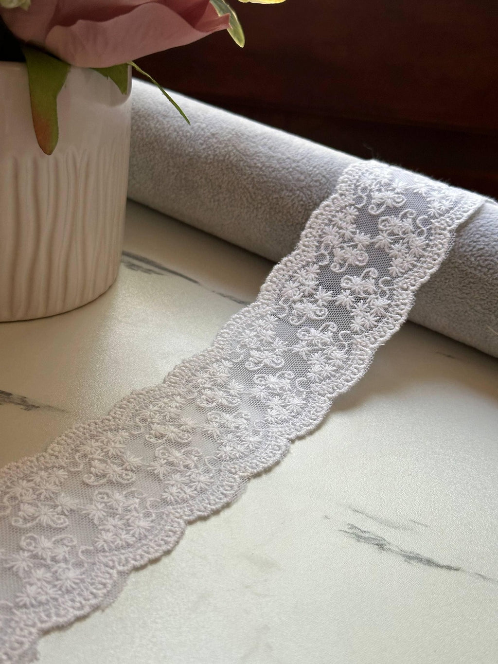 Off White Cotton Thread Embroidered Mesh Non Stretch Lace Trim by the Yard, Soft Floral Scalloped Ribbon for Lingerie Bridal, 2"