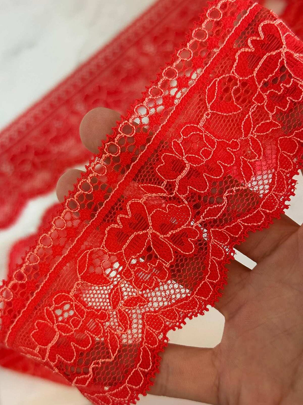 10yds 2.4" Watermelon Red Stretch Lace Trim  Insertion Beading Floral Ribbon Elastic Lace for Lingerie Underwear Garment Sewing by the Yard