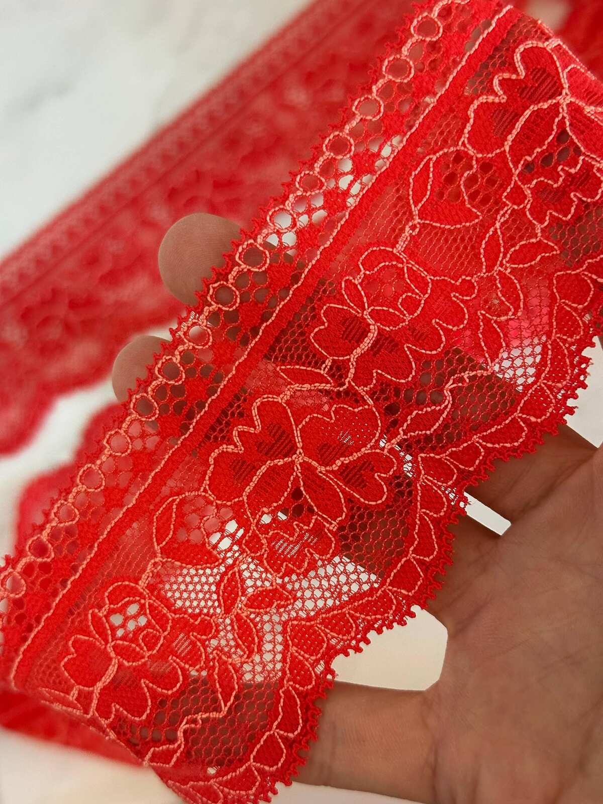 10yds 2.4" Watermelon Red Stretch Lace Trim  Insertion Beading Floral Ribbon Elastic Lace for Lingerie Underwear Garment Sewing by the Yard