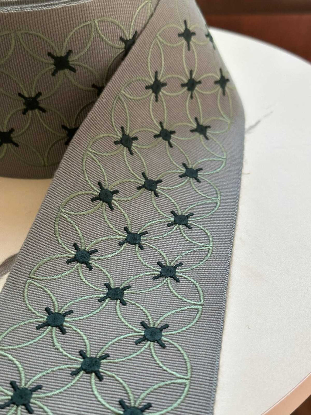 Sage Green Grey Geometric Flower Embroidered Grosgrain Canvas Webbing Ribbon Trim by the Yard, Wide Jacquard Border, 3.1"