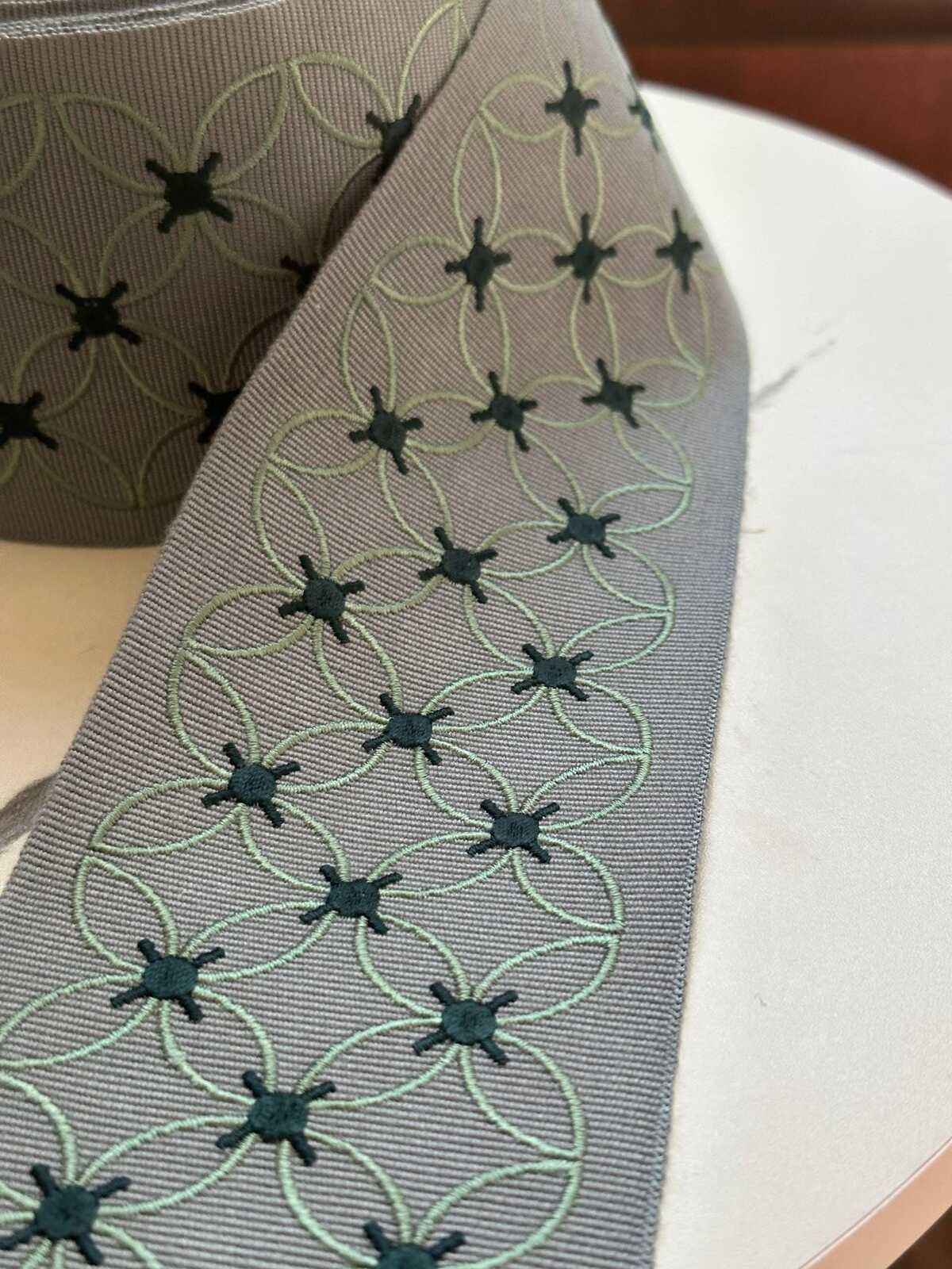 Sage Green Grey Geometric Flower Embroidered Grosgrain Canvas Webbing Ribbon Trim by the Yard, Wide Jacquard Border, 3.1"