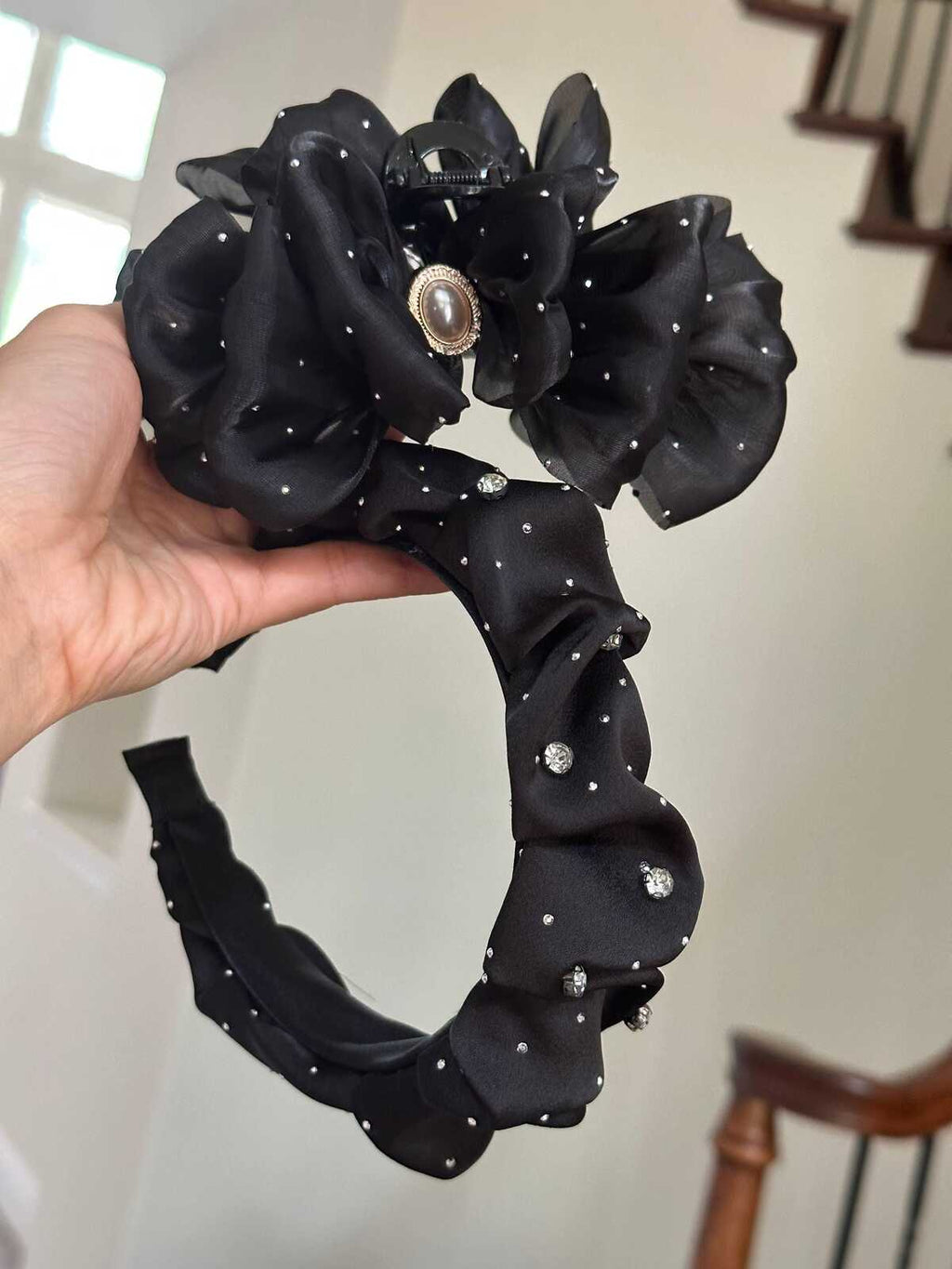 2Pcs Bundle   Handmade Black Rhinestone Mesh Hair Claw Clip and Headband Set, Sparkly Gothic Glam Tulle Hair Accessories  Prom Party Gift