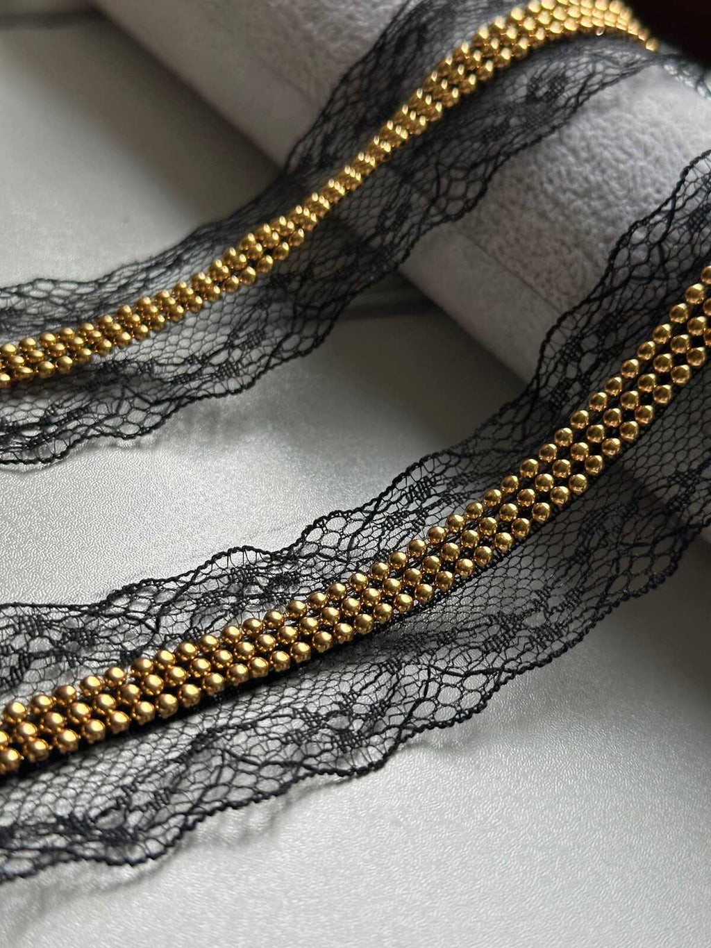 Black Wide Lace Trim by Yard, 1.5" Gold Chain Ribbon, Coquette Y2K Lace, Lingerie Lace, DIY Sewing Craft, Retail Wholesale