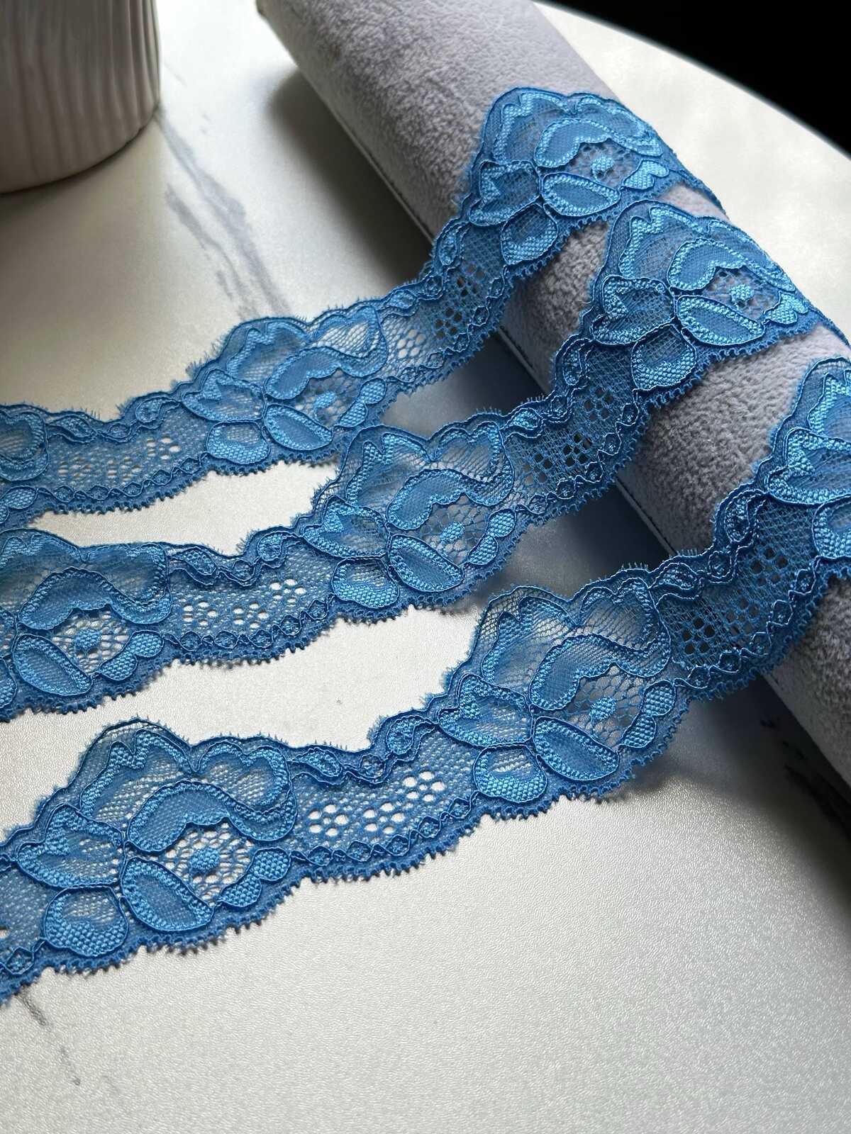 Blue Stretch Lace Trim by Yard, 1.85" Wide Ocean Elastic Ribbon, Lingerie Lace, Coquette Craft Supply, DIY Sewing, Retail Wholesale