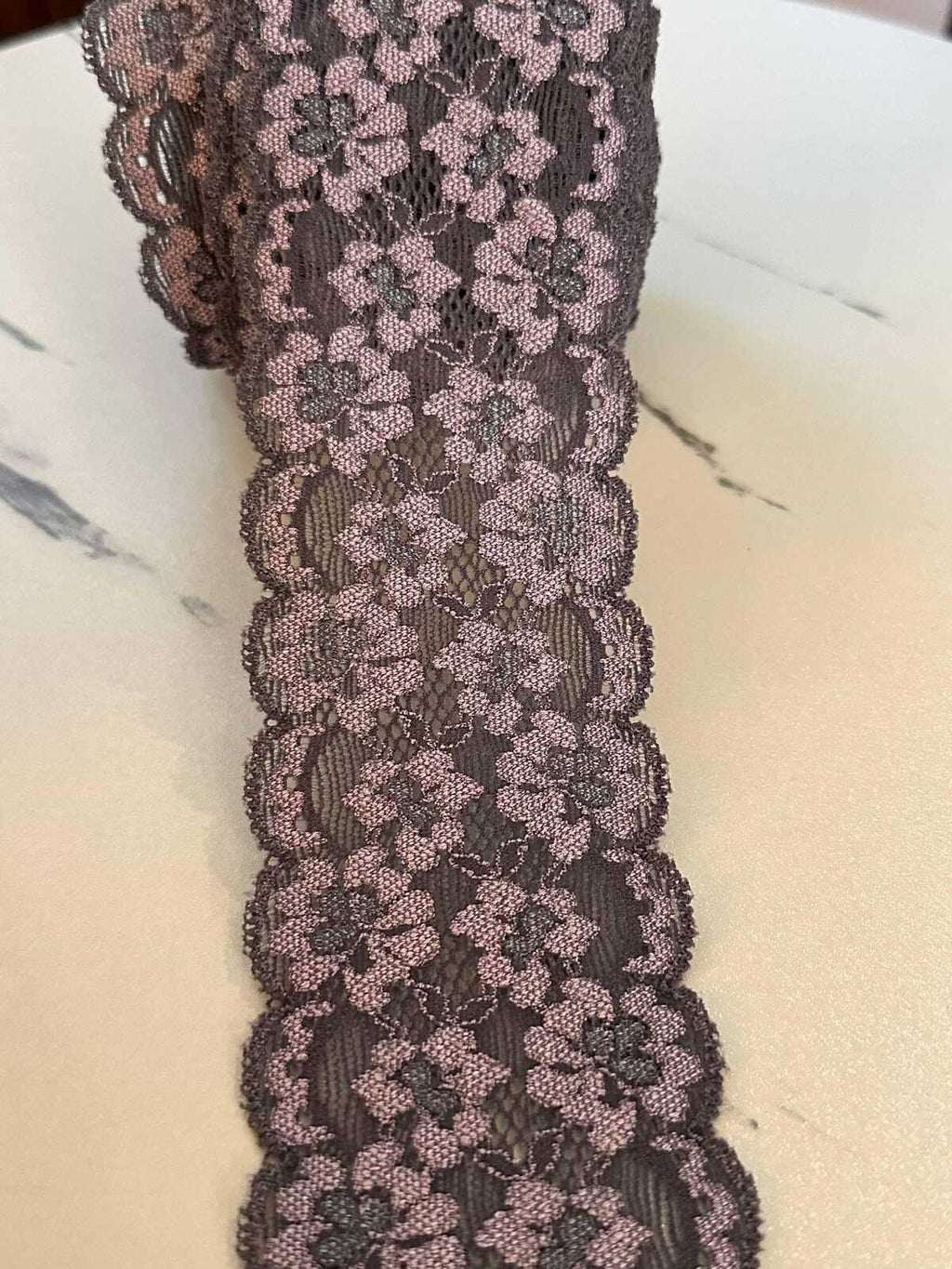 Two Tone Charcoal Black & Dusty Mauve Floral Stretch Elastic Lace Trim Symmetrical Double Scalloped Galloon Ribbon for Lingerie Crafts 2.25"