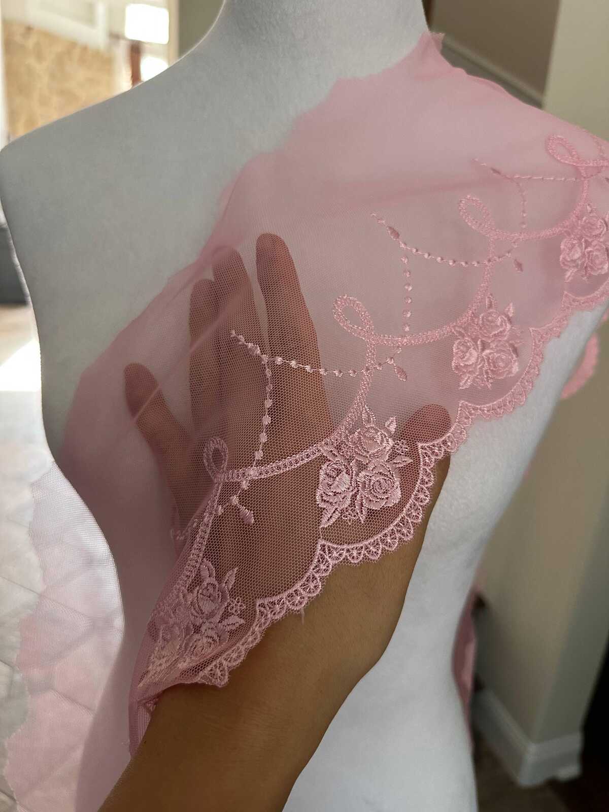 Light Baby Pink Rose Embroidered Mesh Tulle Lace Trim Symmetrical Double Scalloped Wide Galloon Ribbon for Gowns Lingerie Crafts Sewing, 6"