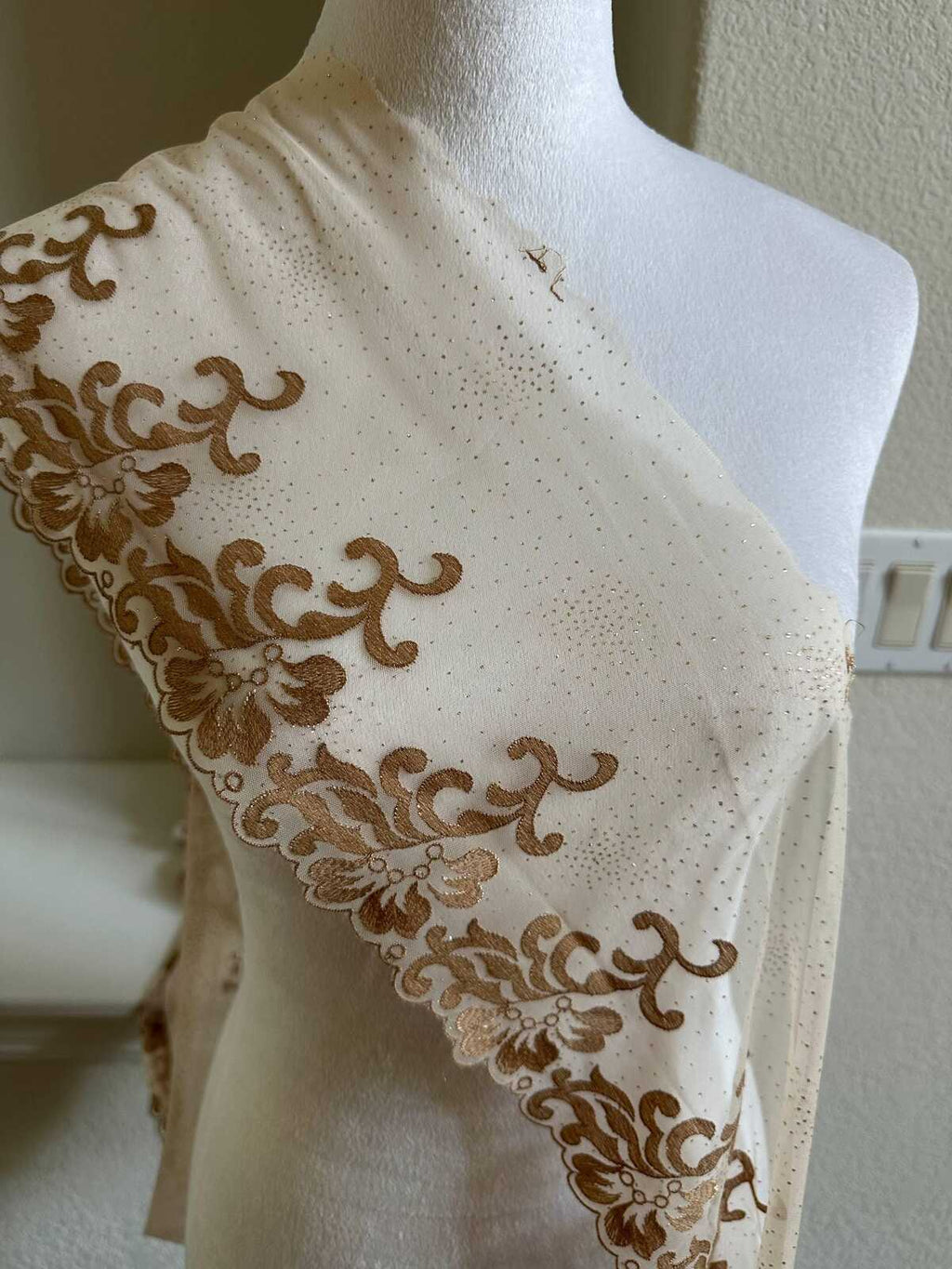Glitter Gold Soft Mesh Embroidered Trim, Heavy Scalloped Floral Lace Fabric, 4 Inch Embroidery Border for Lolita Dress Ruffle, By The Yard