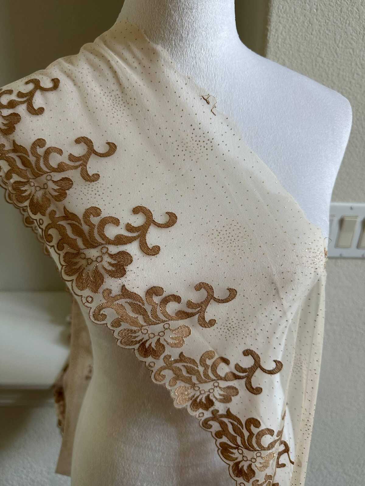 Glitter Gold Soft Mesh Embroidered Trim, Heavy Scalloped Floral Lace Fabric, 4 Inch Embroidery Border for Lolita Dress Ruffle, By The Yard