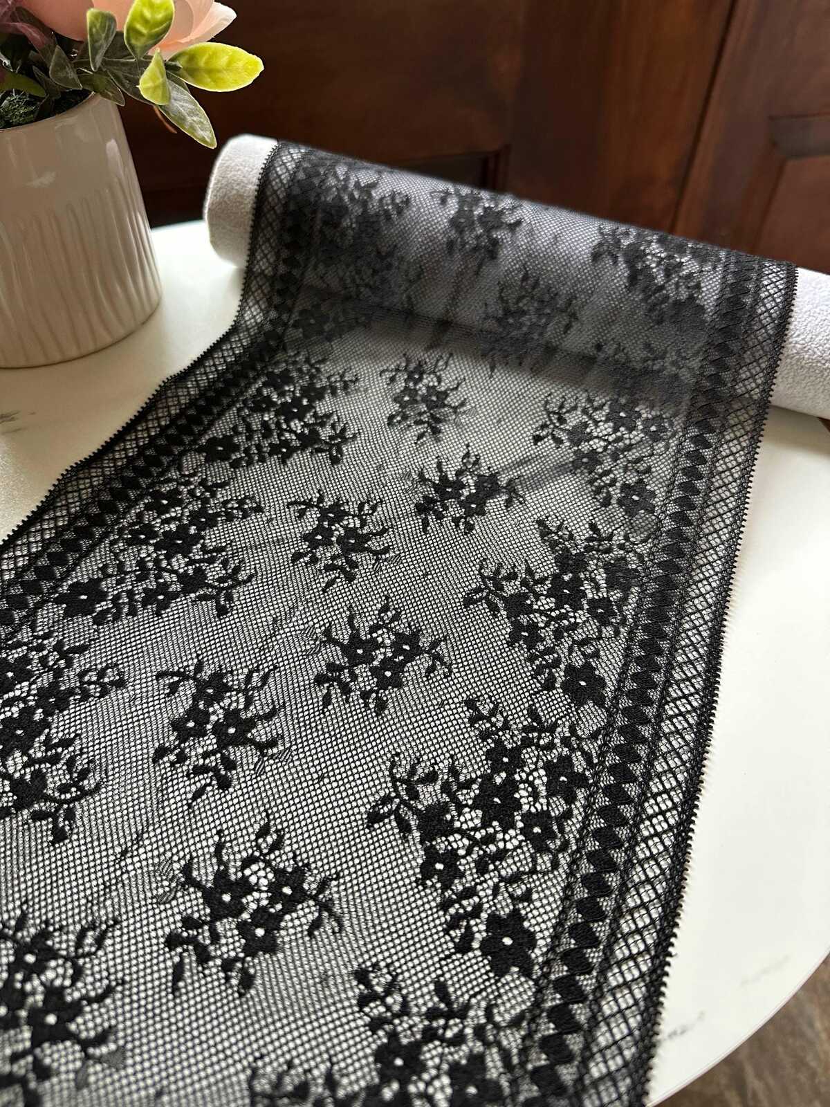 Classic Onyx Black Floral Slight Stretch Lace Trim Symmetrical Double Edge Extra Wide Galloon Ribbon for Corsets Gowns Crafts, 8.5"