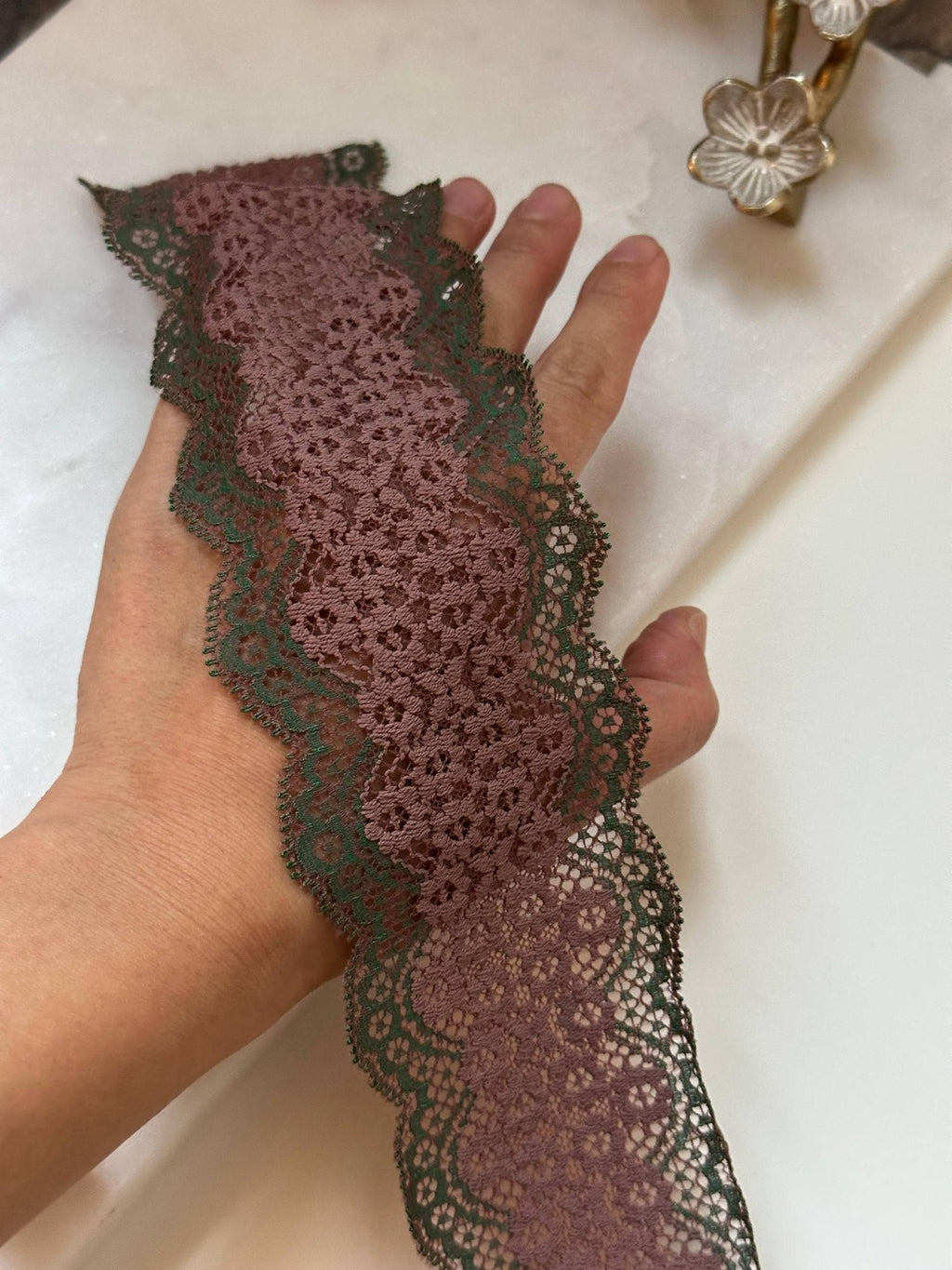 Two Tone Stretch Lace Trim by Yard, 2.6" Rose Green Elastic Ribbon, Lingerie Lace, Coquette Craft Supply, DIY Sewing, Retail Wholesale