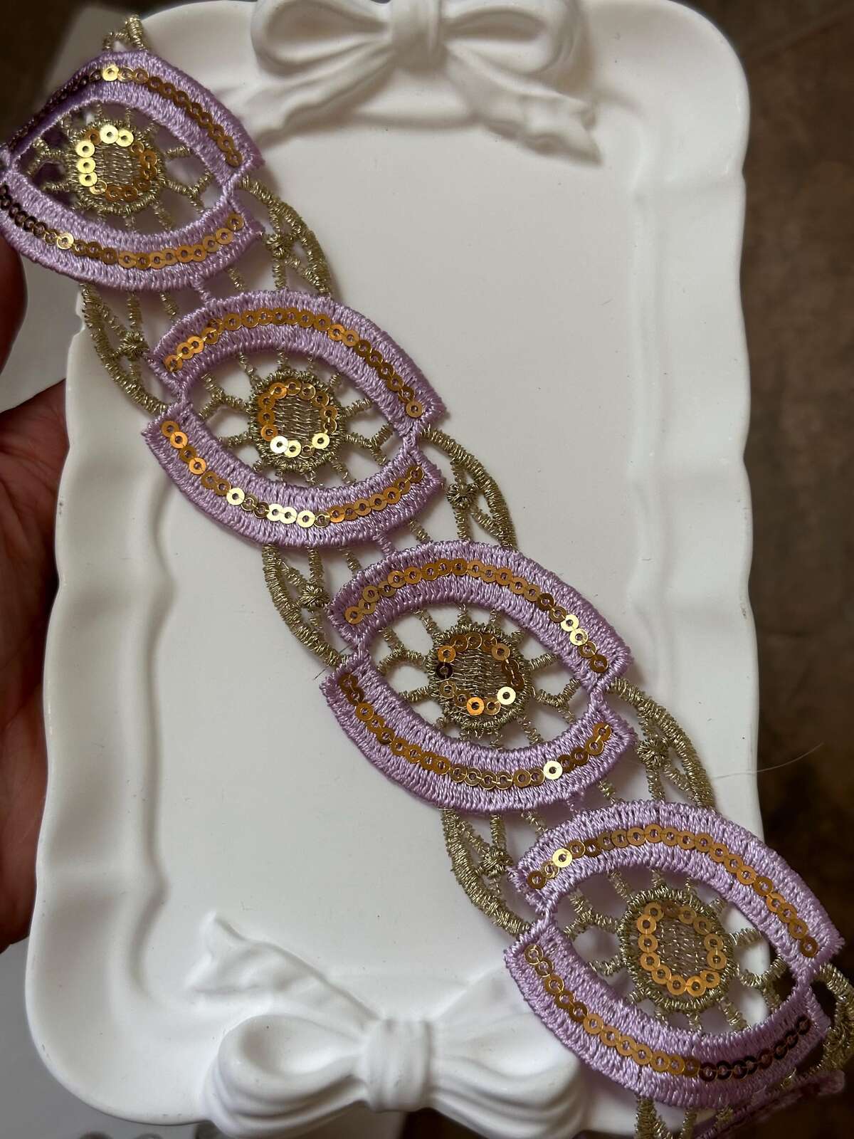 Lavender Gold Sequin Guipure Water Soluble Lace Trim Metallic Ribbon, Coquette Craft Supply, 1.5", Retail Wholesale Bulk