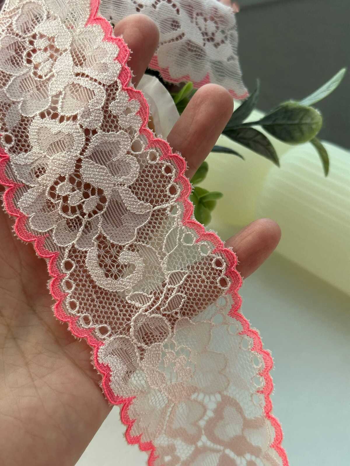 6Yds Rare 2.2" Unique Off-White Neon Pink Edge Floral Stretch Lace Wholesale