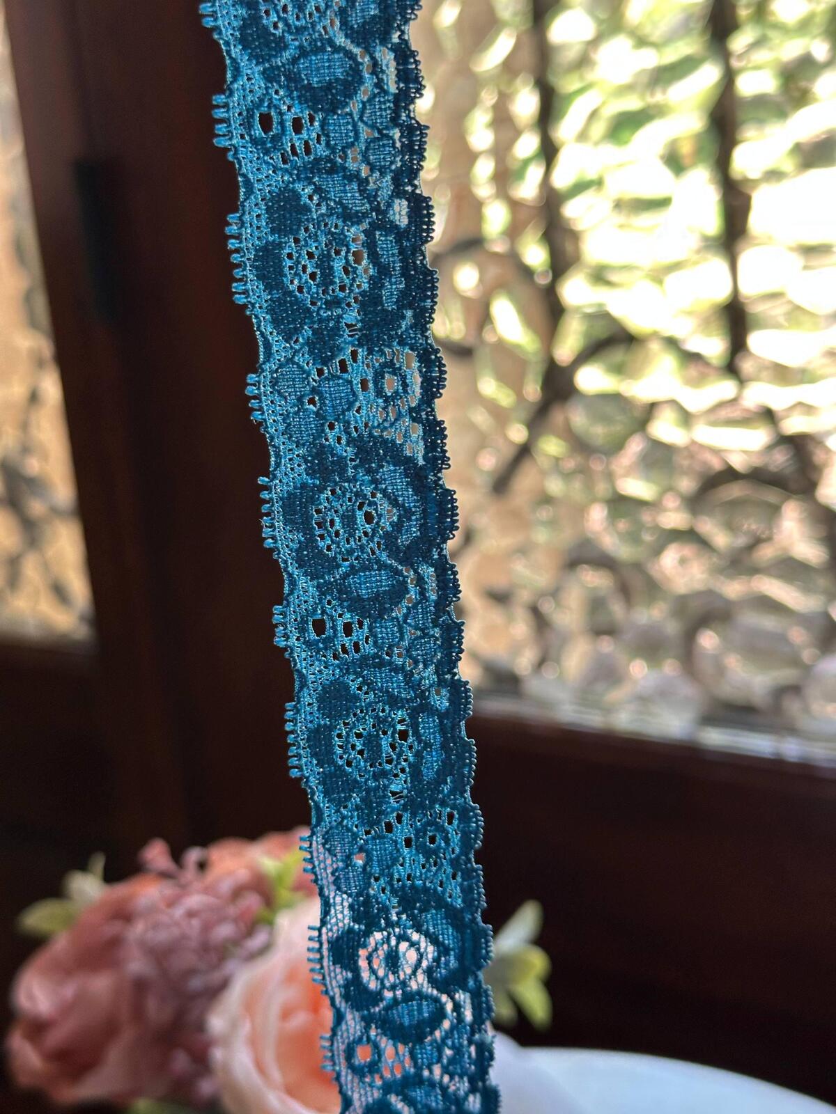 10yds Soft Peacock Teal Blue Floral Stretch Lace Trim by the Yard, Narrow Scalloped Elastic Ribbon for Coquette Crafts, 1", Retail Wholesale