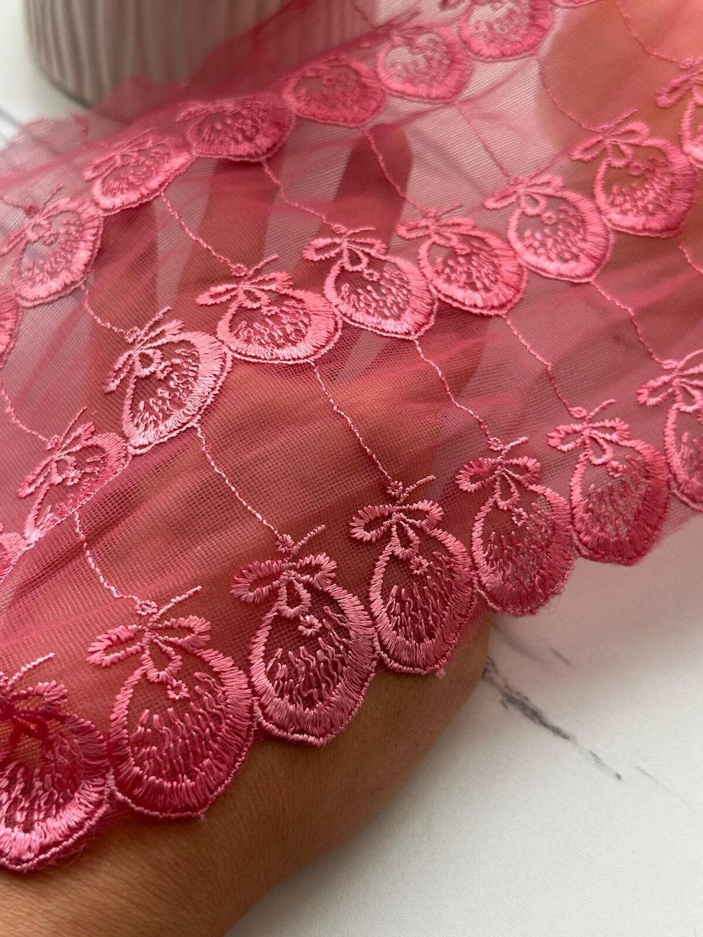 1Yd Non-Stretch 7" Pink Strawberry Tulle Mesh Embroidered Lace Trim Wholesale