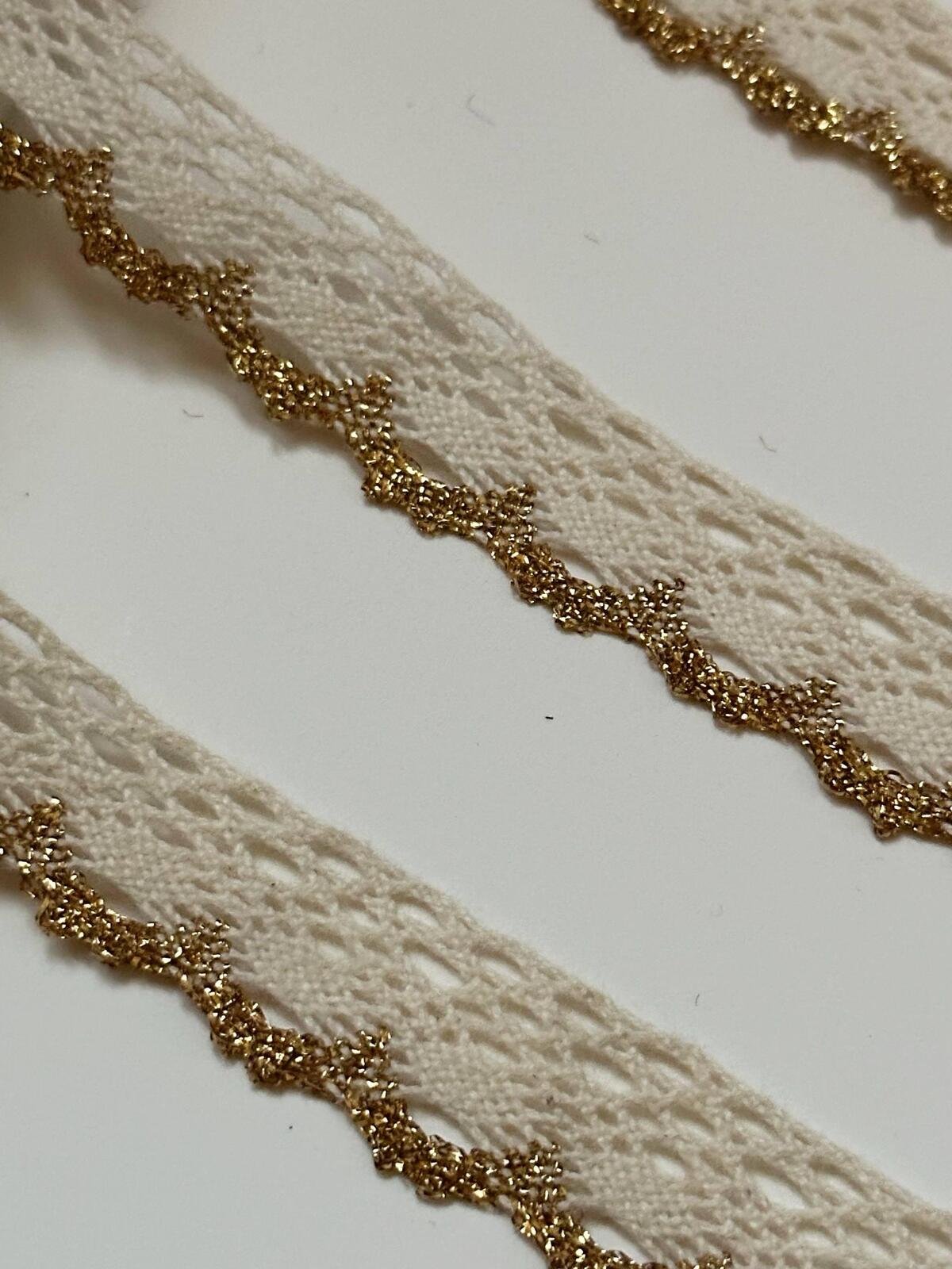 10yds  Cotton Lace Trim with Gold Edge by Yard, 0.7" Openwork Ribbon, Metallic Scalloped Border, Coquette Craft  DIY Sewing Retail Wholesale