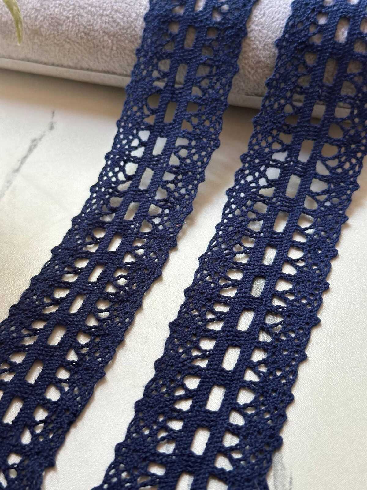Navy Blue Cotton Crochet Beading Insertion Lace Trim by the Yard, Double Scalloped Eyelet Ribbon with Ribbon Slot, 1.5"