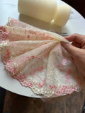 Two Tone Cream & Pink Hearts Embroidered Mesh Tulle Lace Trim Single Scalloped Edge Non Stretch Ribbon for Gowns Lingerie Crafts Sewing,6.5"