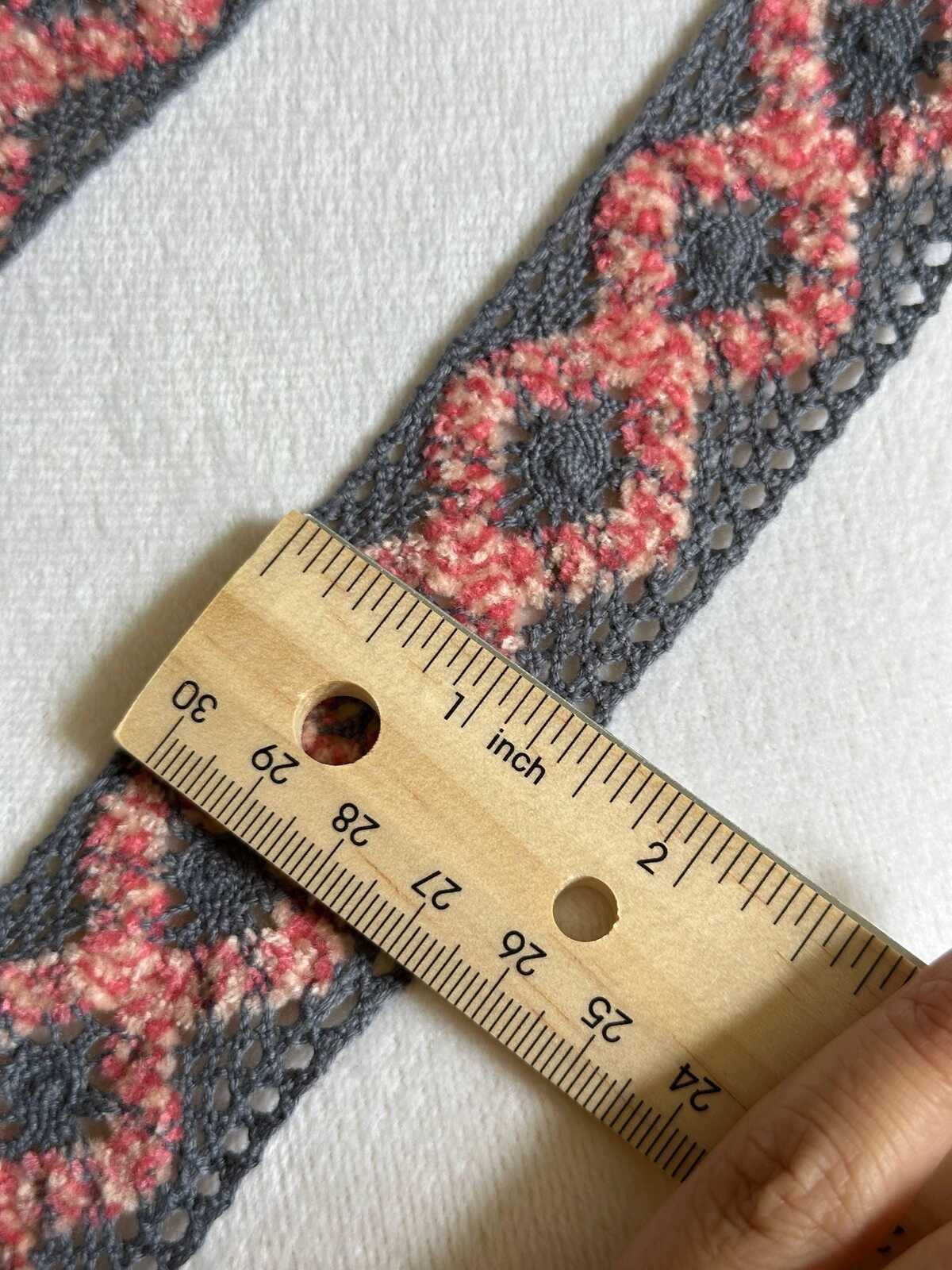 1.5" Crochet Cotton Lace Trim Gray & Pink, Two Tone Boho Geometric Non-Stretch Ribbon for Cottagecore Sewing, Folk Costume Edging by Yard