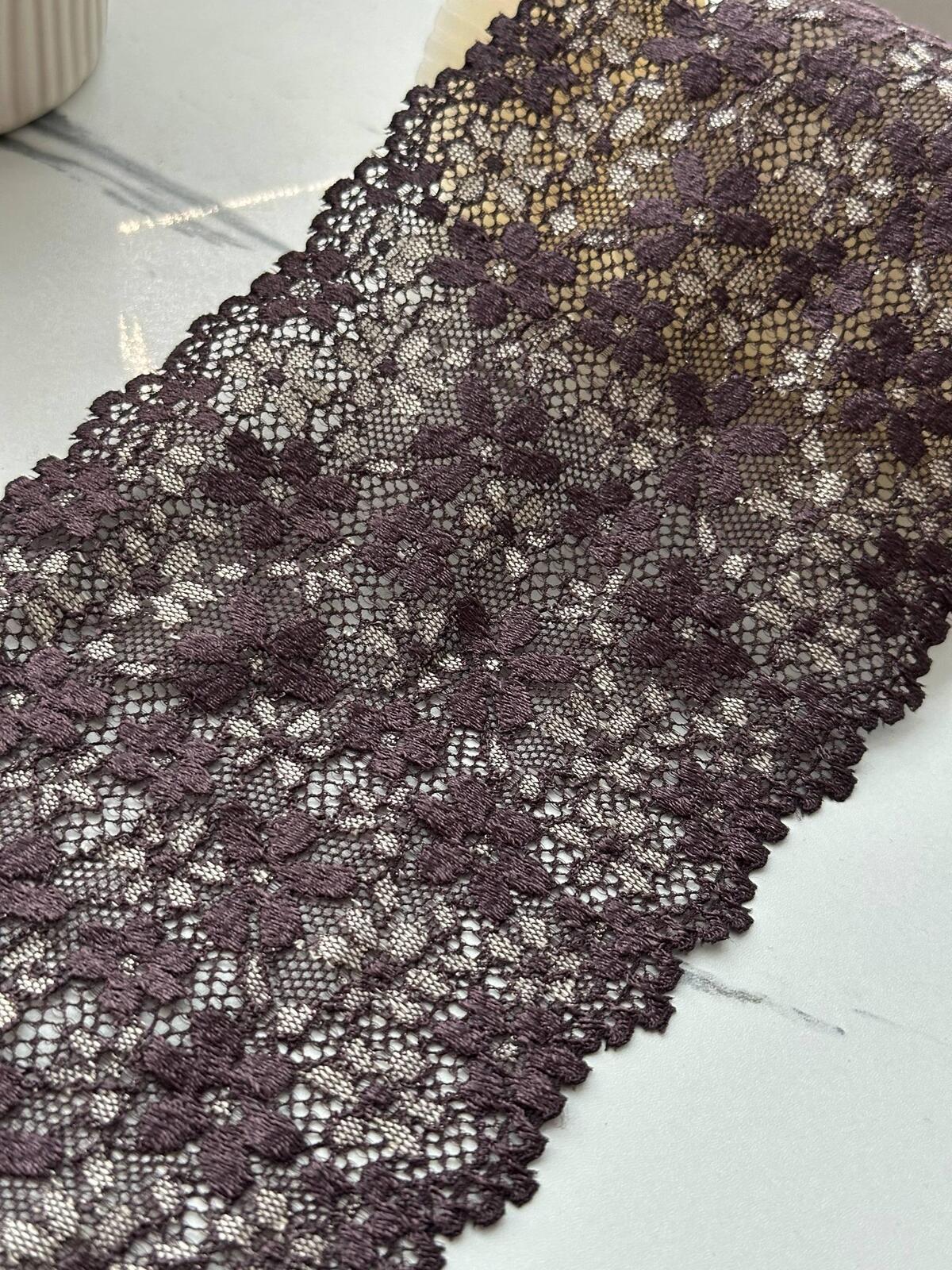 1Yd Stretch 5" Dark Plum Purple Floral Scalloped Wide Stretch Lace Trim