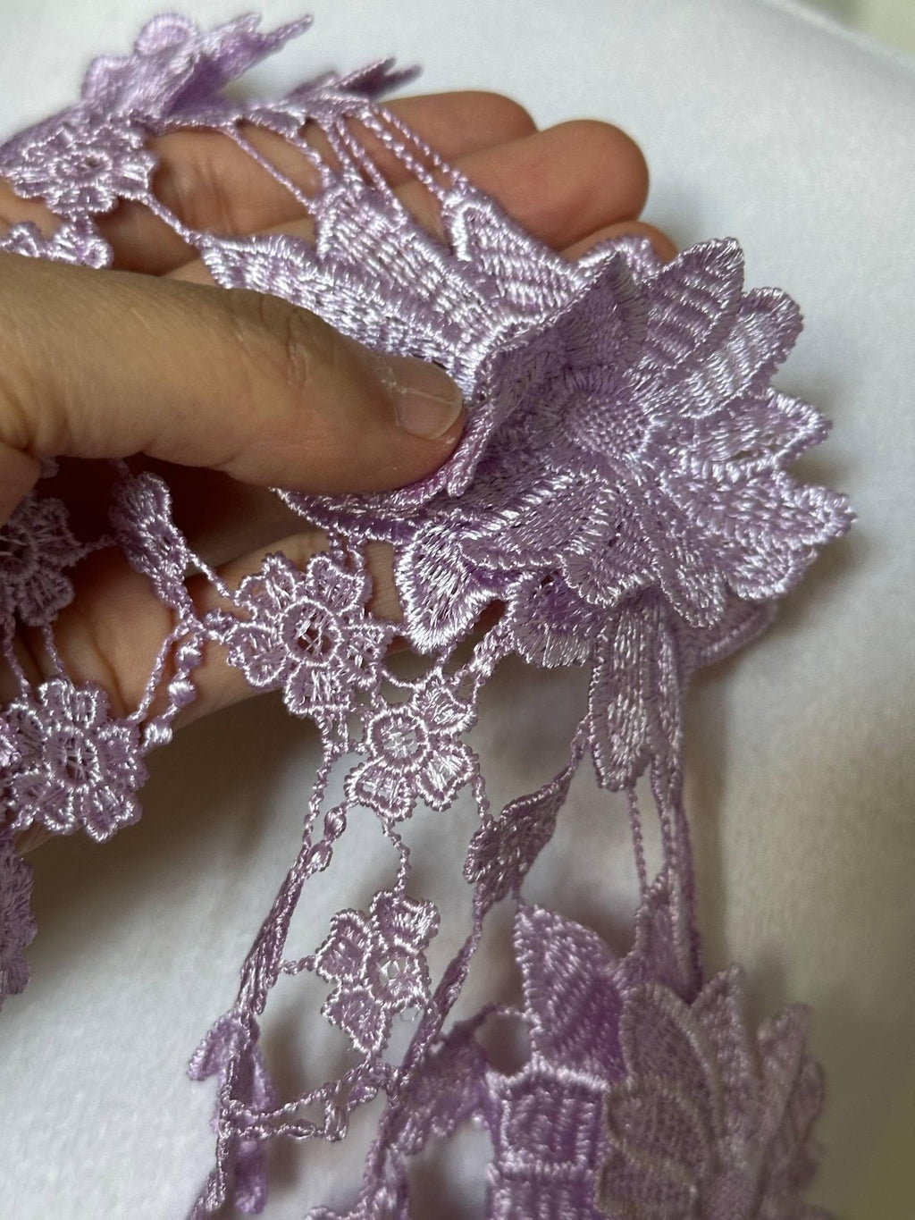5.5" Lavender 3D Guipure Lace Trim, Lilac Water Soluble Floral Venetian Lace, Heavy Embroidered Flower Fringe for Lolita Dress, Crafts