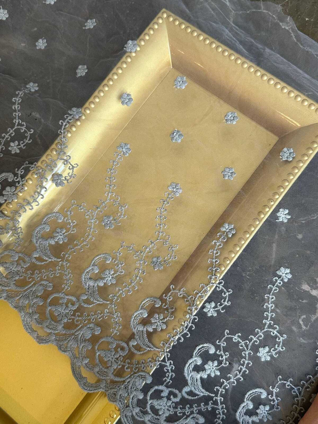 12" Dusty Purple Embroidered Tulle Lace Trim by the Yard, Wide Scalloped Floral Lace for Wedding Gown, Bridal Veil, Victorian Dress Hem