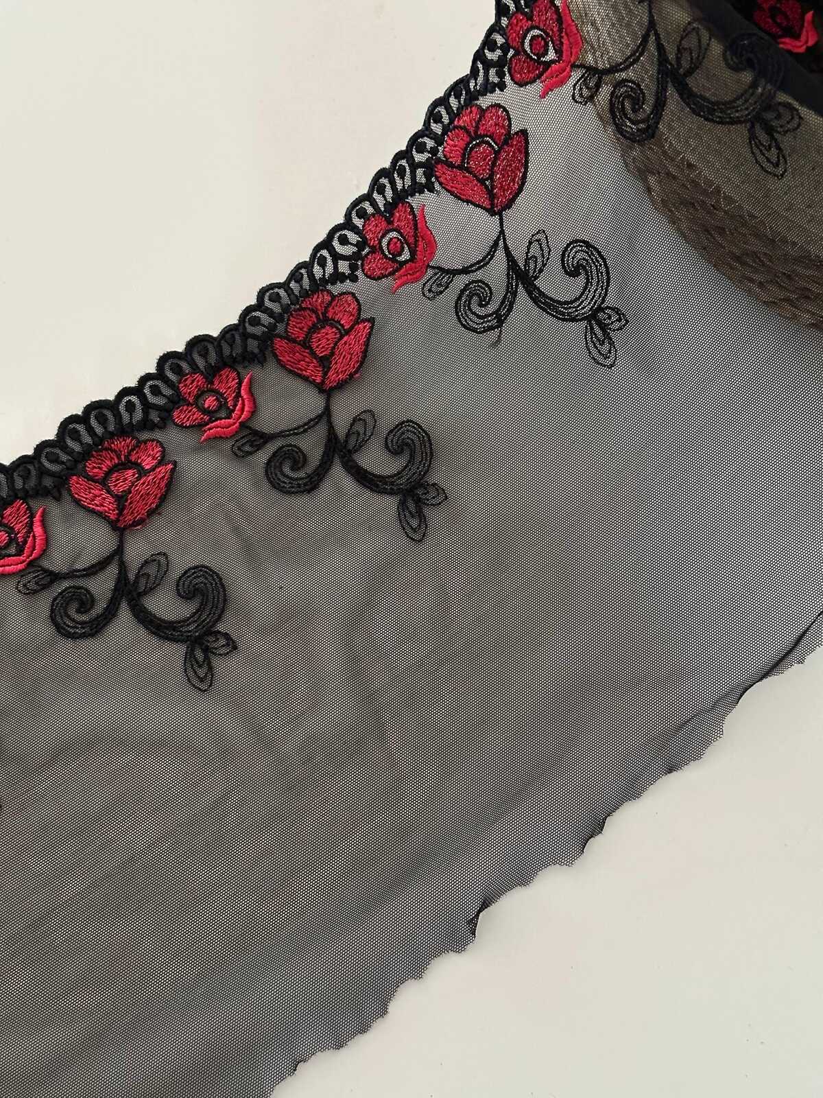 7.5"  Red Black Embroidered Soft Mesh Lace, Wide Ribbon, Bulk Clearance Coquette Y2K Lace, Lingerie, DIY Sewing, Retail Wholesale