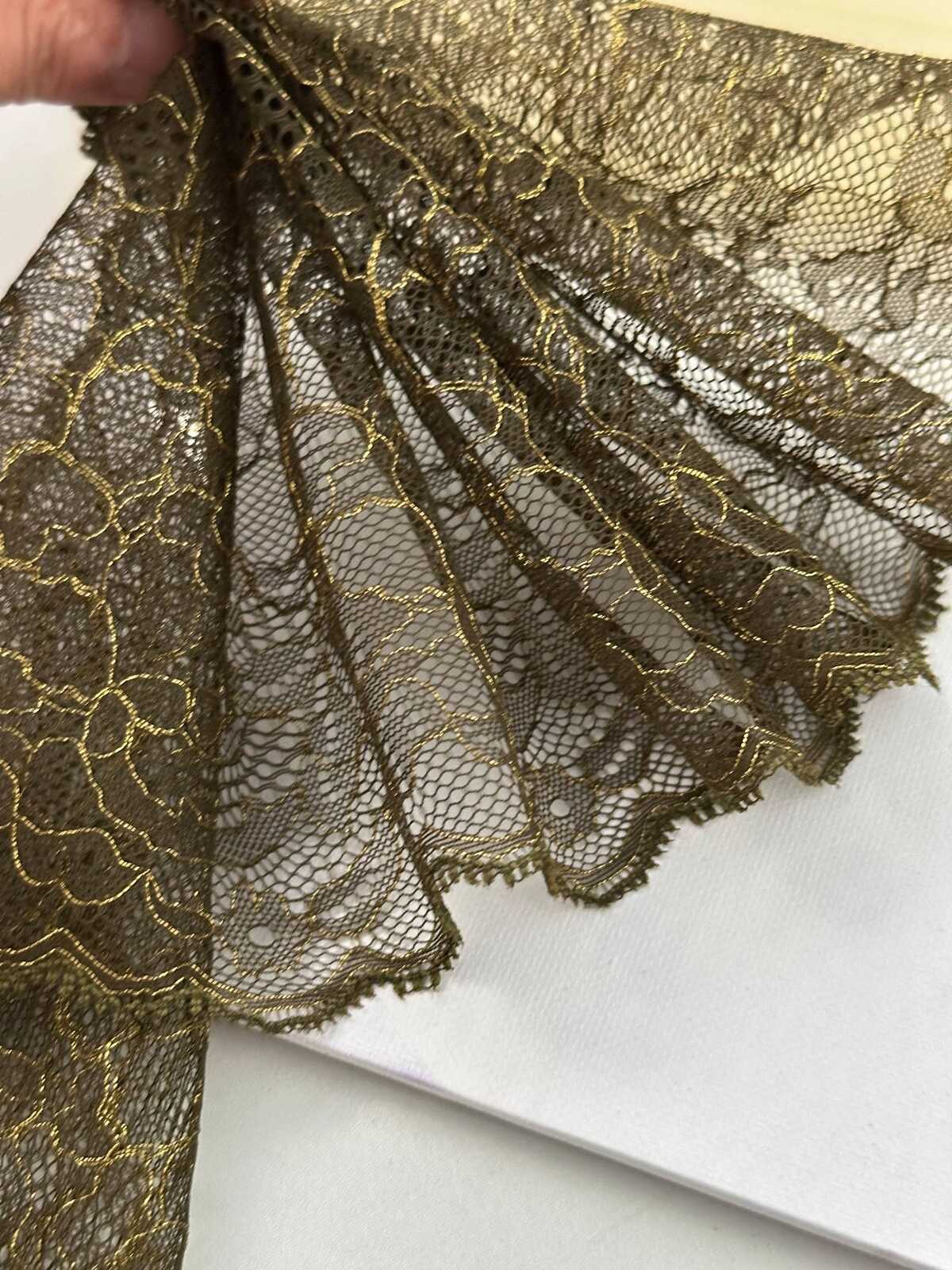 5Yds Non-Stretch 5.9" Olive Green Gold Metallic Floral Mesh Lace Wholesale
