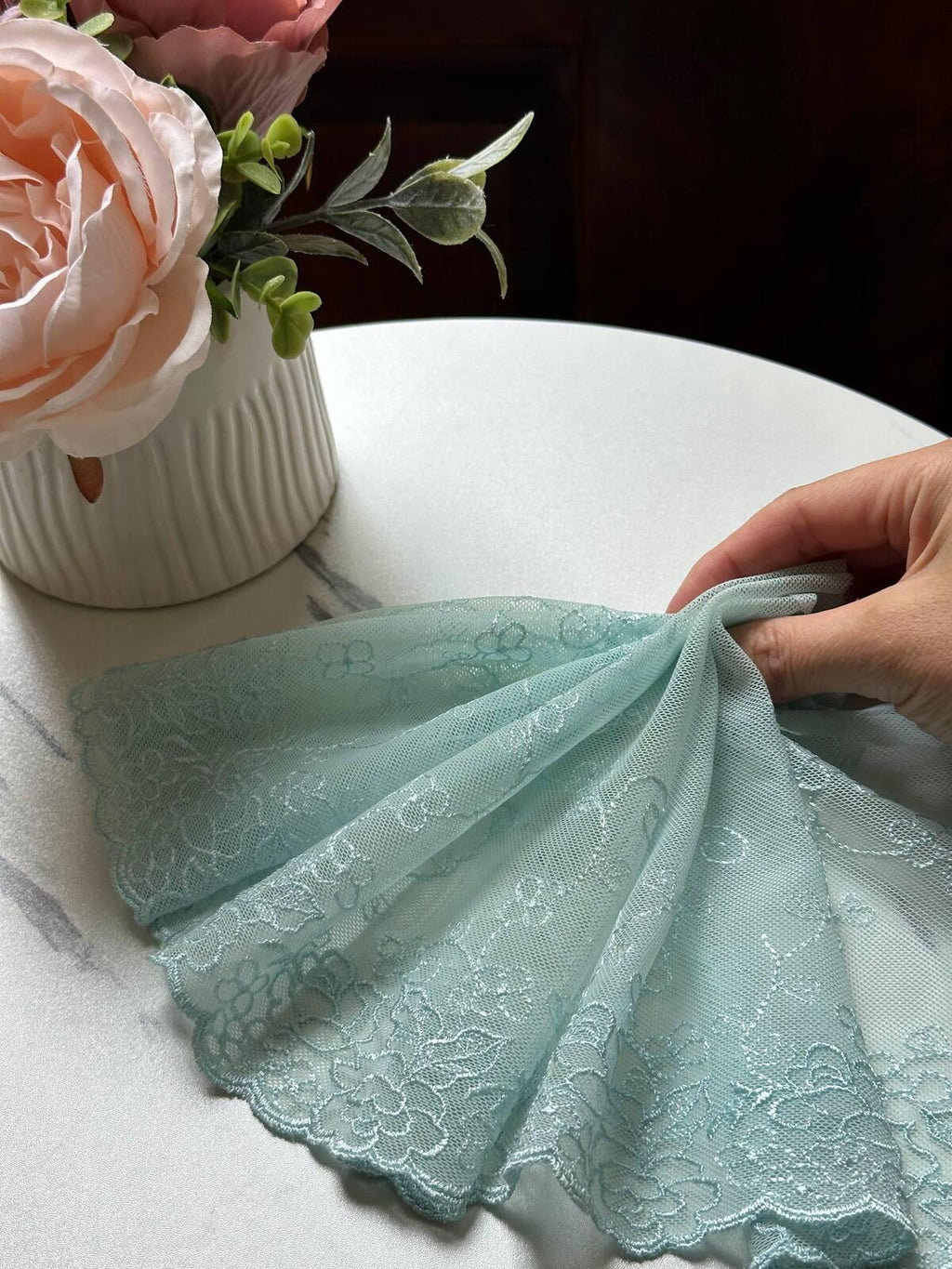 Mint Green Embroidered Tulle Lace Trim, Ultra Soft Sheer Mesh Ribbon, Coquette Craft Supply, 7", Retail Wholesale Bulk