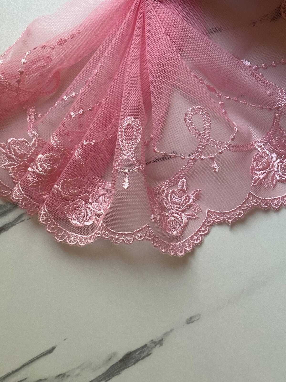 Light Baby Pink Rose Embroidered Mesh Tulle Lace Trim Symmetrical Double Scalloped Wide Galloon Ribbon for Gowns Lingerie Crafts Sewing, 6"