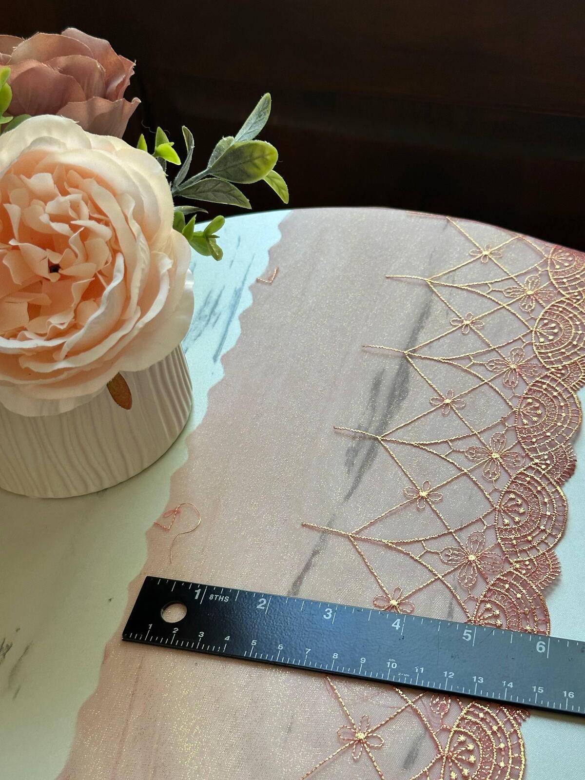 Iridescent Mermaid Pink Gold Embroidered Mesh Lace Trim by Yard, Shimmering Scalloped Tulle Ribbon, 6", Retail Wholesale Bulk