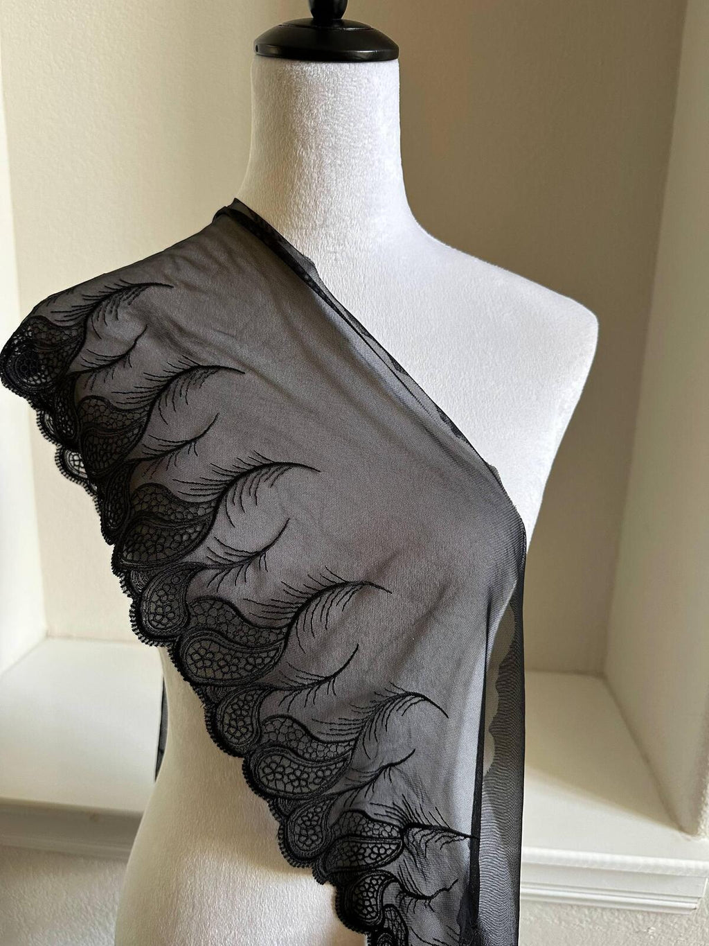 2.5yard 7.5" Black Paisley Lace Trim Wide Embroidered Feather Soft Mesh Single Scalloped Edge Ribbon for Garment Lingerie Sewing