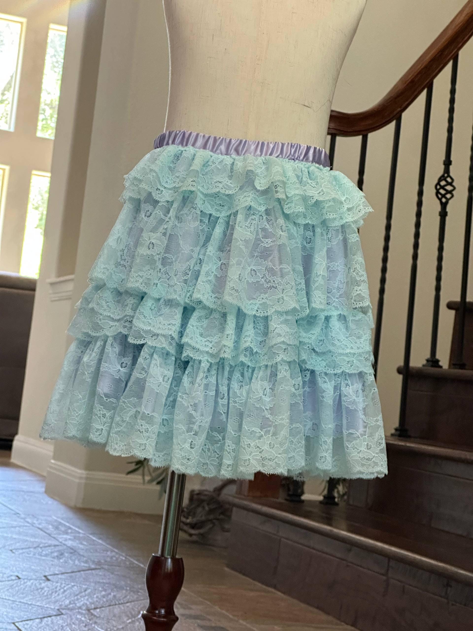 Not for Sale Gallery Display NFS  Handmade Lolita Skirt, Tiered Lace Ruffle Mini Skirt with Butterfly & Pearls, Sweet Lolita Fashion